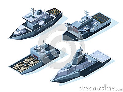 Isometric warships. Vector military boats isolated on white Vector Illustration