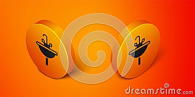 Isometric Washbasin with water tap icon isolated on orange background. Orange circle button. Vector Vector Illustration