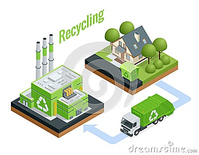 Isometric Waste Processing Plant. Technological process. Recycling and storage of waste for further disposal. Vector Illustration