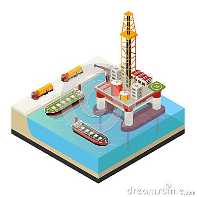 Isometric Water Oil Platform Concept Vector Illustration