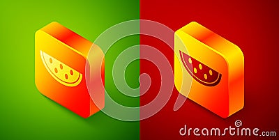 Isometric Watermelon icon isolated on green and red background. Square button. Vector Vector Illustration