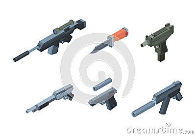 Isometric weapons. Automatic gun arms for warriors modern soldiers equipment for explosions garish vector different Vector Illustration