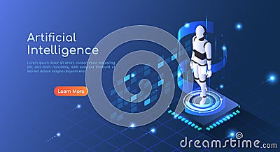 Isometric web banner Ai Robot floating on computer chip circuit board Vector Illustration