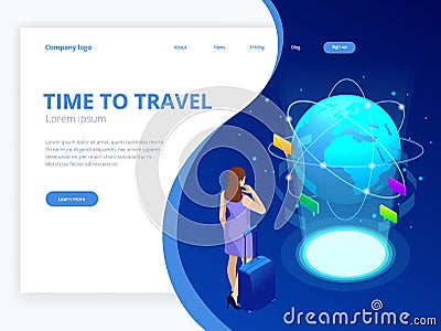 Isometric web banner businesswomen hold Luggage business trip. Travel to World. Road trip. Tourism. Landmarks on the Vector Illustration