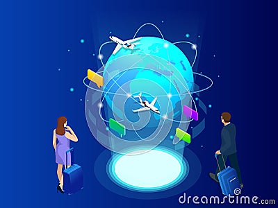 Isometric web banner businesswomen hold Luggage business trip. Travel to World. Road trip. Tourism. Landmarks on the Vector Illustration