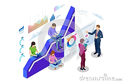 Isometric web banner Data Analisis and Statistics concept. Vector illustration business analytics, Data visualization Vector Illustration