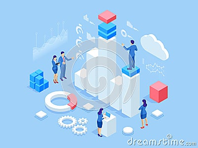 Isometric web banner Data Analysis and Statistics concept. Vector illustration business analytics, Data visualization Vector Illustration