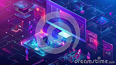 Isometric web banner with developer and operations specialists working together. Businesswoman and programmer at huge PC Stock Photo