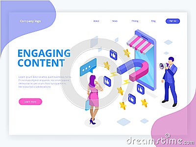 Isometric web banner with Engaging Content, Content Marketing Success, Marketing Mix. Social influencer. Social media Vector Illustration