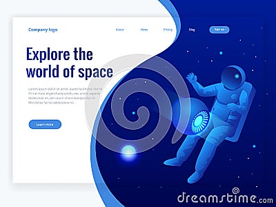 Isometric web banner of explore the world of space concept. Astronaut in outer space, discovery. Vector illustration Vector Illustration