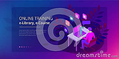 Isometric web banner online training or education and Internet training courses concept. Landing page template. Modern Vector Illustration