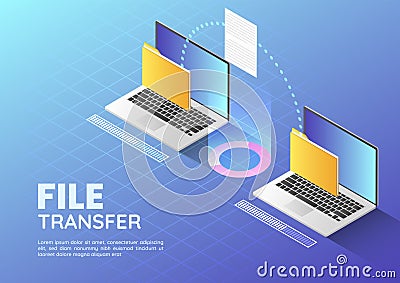 Isometric web banner Two Laptop Transfer Files and Organize Folder Vector Illustration