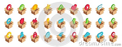 Isometric web and logistic services box icon set. Vector 3d Network, security, banking, delivery, transportation symbols Vector Illustration