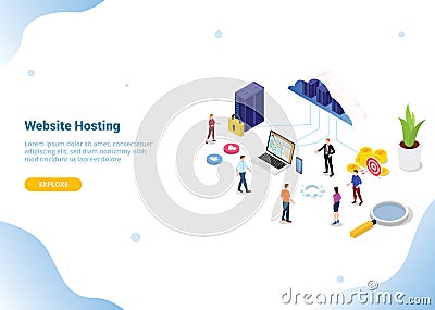 Isometric web or website hosting business service for web or website template landing homepage banner - vector Cartoon Illustration