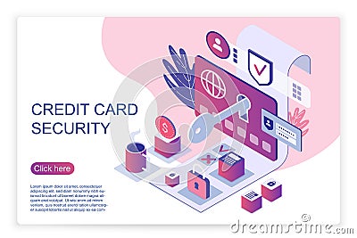 Isometric website page representing credit card security, cyber data security service vector illustration. Vector Illustration