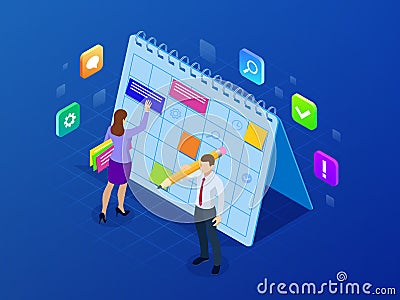 Isometric weekly schedule and calendar planner organization management. Online business workflow, time management Vector Illustration