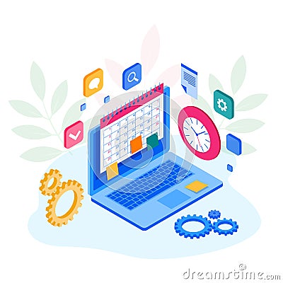 Isometric weekly schedule and calendar planner organization management. Online app on laptop business workflow, time Vector Illustration