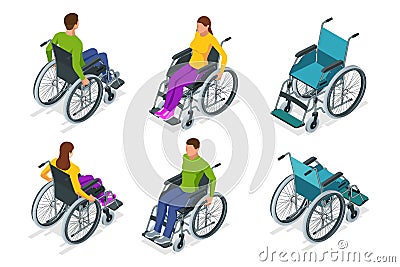 Isometric Wheelchair isolated. Man and Woman in Wheelchair. Medical support equipment. Health care concept. Vector Illustration