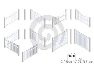 Isometric white fence sections. Vector Vector Illustration