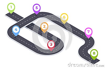 Isometric winding road infographic. City map 8 steps timeline road, timeline road navigation, roadmap pathway 3d vector Vector Illustration