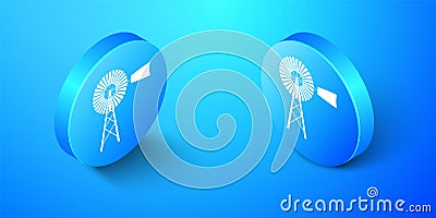 Isometric Windmill icon isolated on blue background. Blue circle button. Vector Vector Illustration