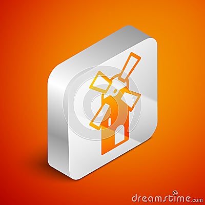 Isometric Windmill icon isolated on orange background. Silver square button. Vector Vector Illustration