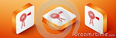 Isometric Windmill icon isolated on orange background. Orange square button. Vector Vector Illustration