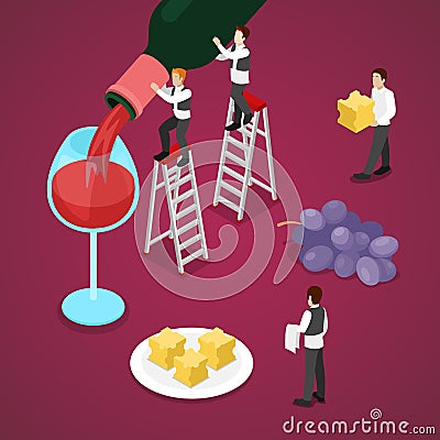 Isometric Wine Degustation with Bottle, Grape Vector Illustration