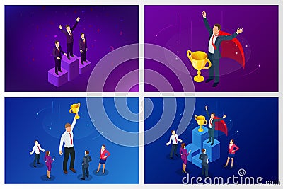 Isometric winner business and achievement concept. Business success. Big trophy for businessmen. Vector Illustration