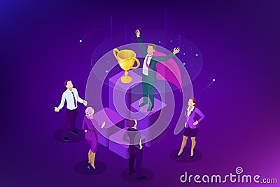 Isometric winner business and achievement concept. Business success. Big trophy for businessmen. Vector Illustration
