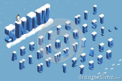 Isometric winter font alphabet with snow. Flat Vector illustration. Isometric abc. Letters, numbers and symbols Vector Illustration