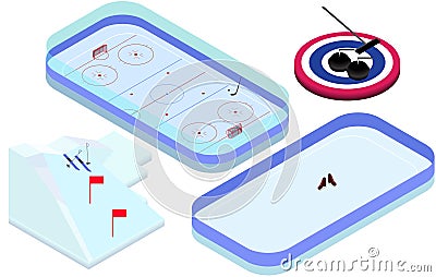 Isometric winter sports elements hockey, skating, ski, curling Vector Illustration