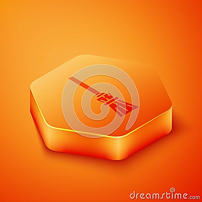 Isometric Witches broom icon isolated on orange background. Happy Halloween party. Orange hexagon button. Vector Vector Illustration