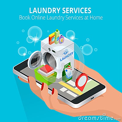 Isometric Woman hand using smartphone booking Online Laundry Service. Book Online Laundry Services at Home concept, App Vector Illustration