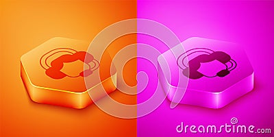 Isometric Woman with a headset icon isolated on orange and pink background. Support operator in touch. Concept for call Vector Illustration