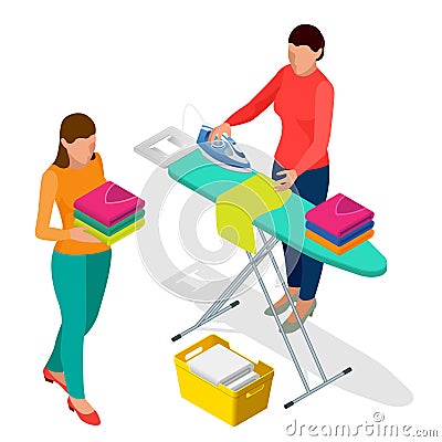 Isometric Woman Ironing Clothes Using Iron On Ironing Board After Laundry At Home and Woman holding washed and dried Vector Illustration