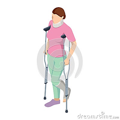 Isometric Woman with a leg injury in a cast on crutches and a neck injury. Social security and health insurance concept Vector Illustration