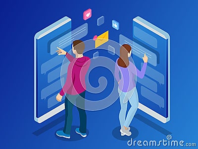 Isometric woman and man typing on mobile smartphone. Live Chat. Sms messages and Speech bubbles. Short message service Vector Illustration