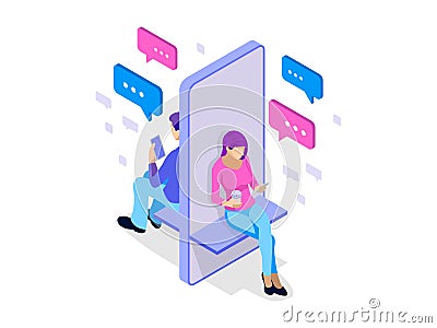 Isometric woman and man typing on mobile smartphone. Live Chat. Sms messages and Speech bubbles. Short message service Vector Illustration