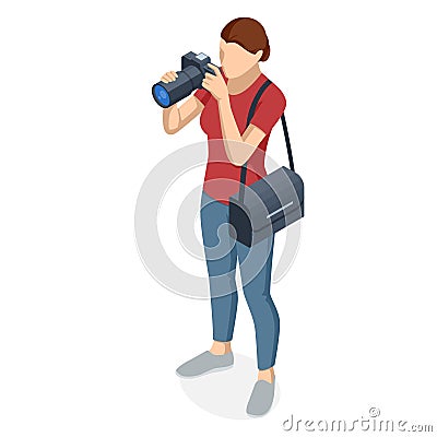 Isometric Woman Photographer with dslr Camera. Digital photo camera. Home hobby, lifestyle, travel, people concept Vector Illustration