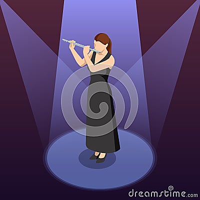 Isometric Woman plays the flute. Flute woodwind orchestral instrument Vector Illustration