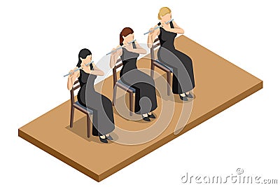 Isometric Woman plays the flute. Flute woodwind orchestral instrument Vector Illustration