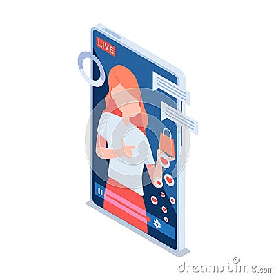 Isometric Woman Review or Selling Her Product Through Live Streaming Vector Illustration