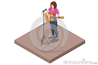 Isometric Woman Stands in Front of a Microphone, Plays the Guitar and Sings a Song. Classical Acoustic Six-String Guitar Vector Illustration