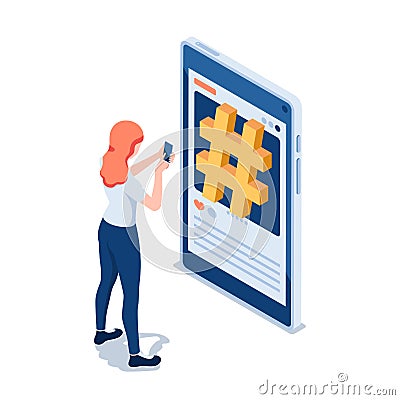 Isometric Woman Using Smartphone in front of Hashtag Symbol on Social Media Vector Illustration