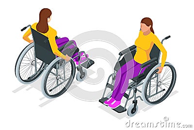 Isometric woman in a wheelchair using a ramp isolated. Chair with wheels, used when walking is difficult or impossible Vector Illustration