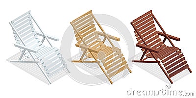 Isometric wooden deck chairs, lounge sun chair isolated on white background. Set of wooden reclining chairs Vector Illustration