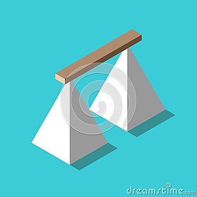 Isometric wooden plank bridge connecting two white pyramids on turquoise blue. Risk, connection, challenge and courage concept. Vector Illustration