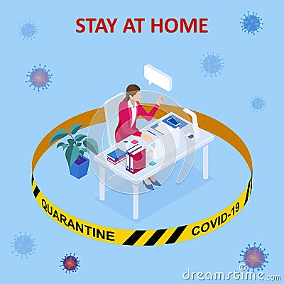 Isometric work from home. Corona virus - staying and working at home. working from home during Covid-19. Self-isolation Vector Illustration