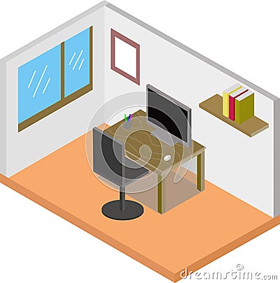 Isometric work room with a computer on a table on a white background Cartoon Illustration